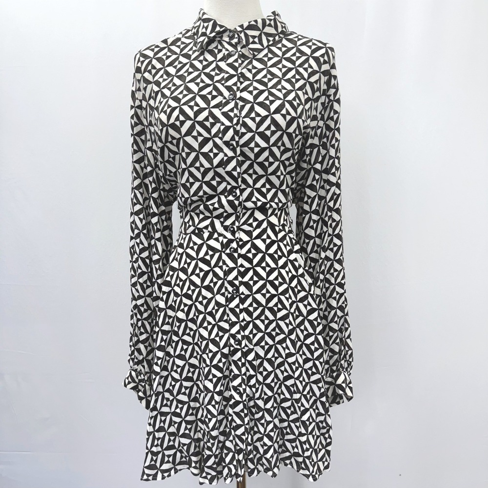 H&M Geometric Print Shirt Dress Black White Lenzing Ecovero Viscose XL NEW
